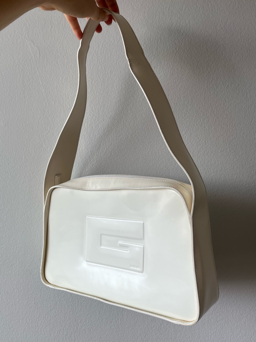 Gucci 90s white patent leather Square G shoulder with dustbag